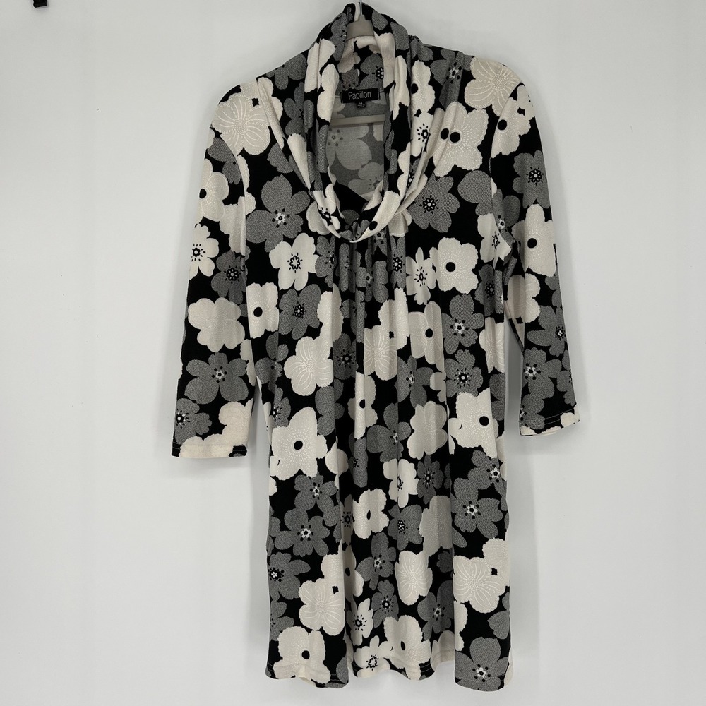 Papillon Dress Womens Medium Black Floral Cowl Neck 3/4 Sleeve Shift Tunic